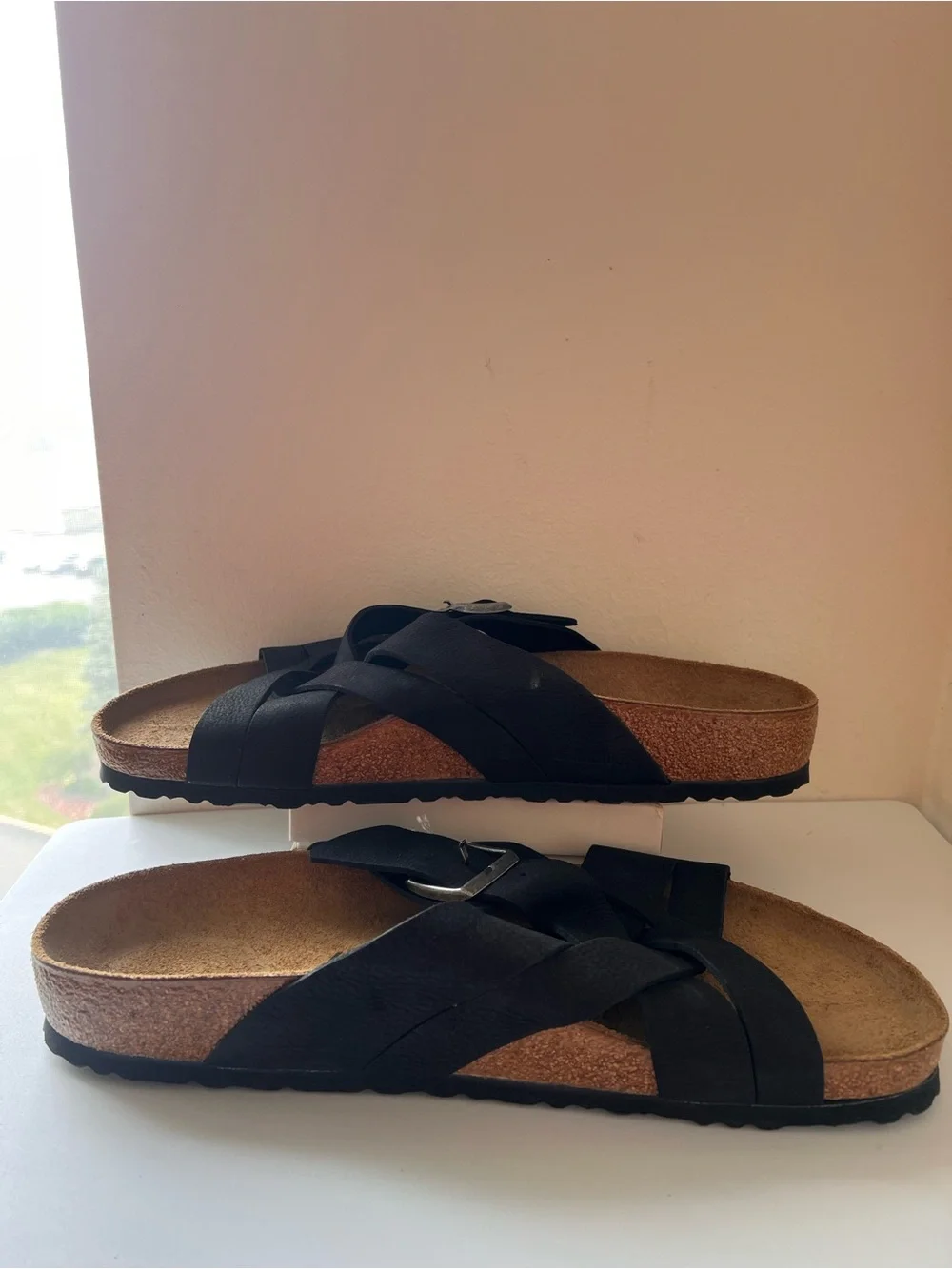 Birkenstock Black Leather Crisscross Slide Sandals